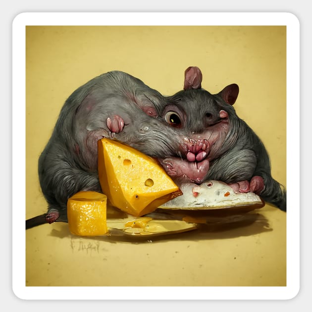 Fat Rat Eating Cheese, a very ugly rat, but a bit cute. Sticker by rolphenstien